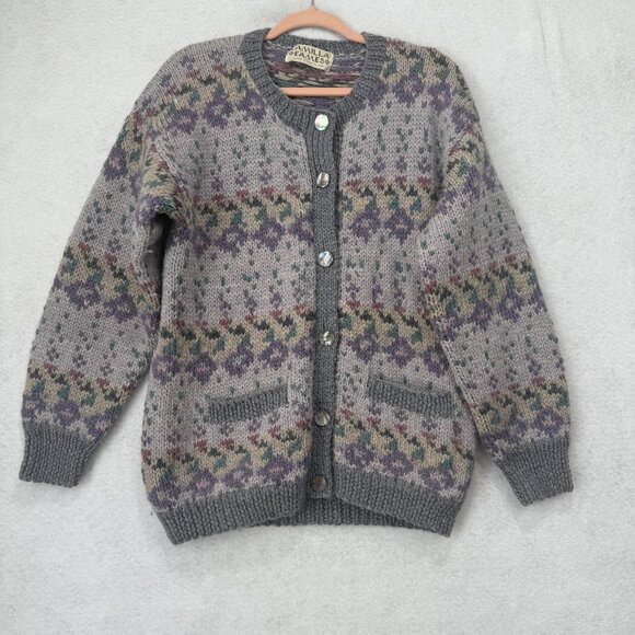 Camilla Eames Cardigan Womens Large Gray Fair Isle Pure New Wool Made Scotland - Picture 1 of 10
